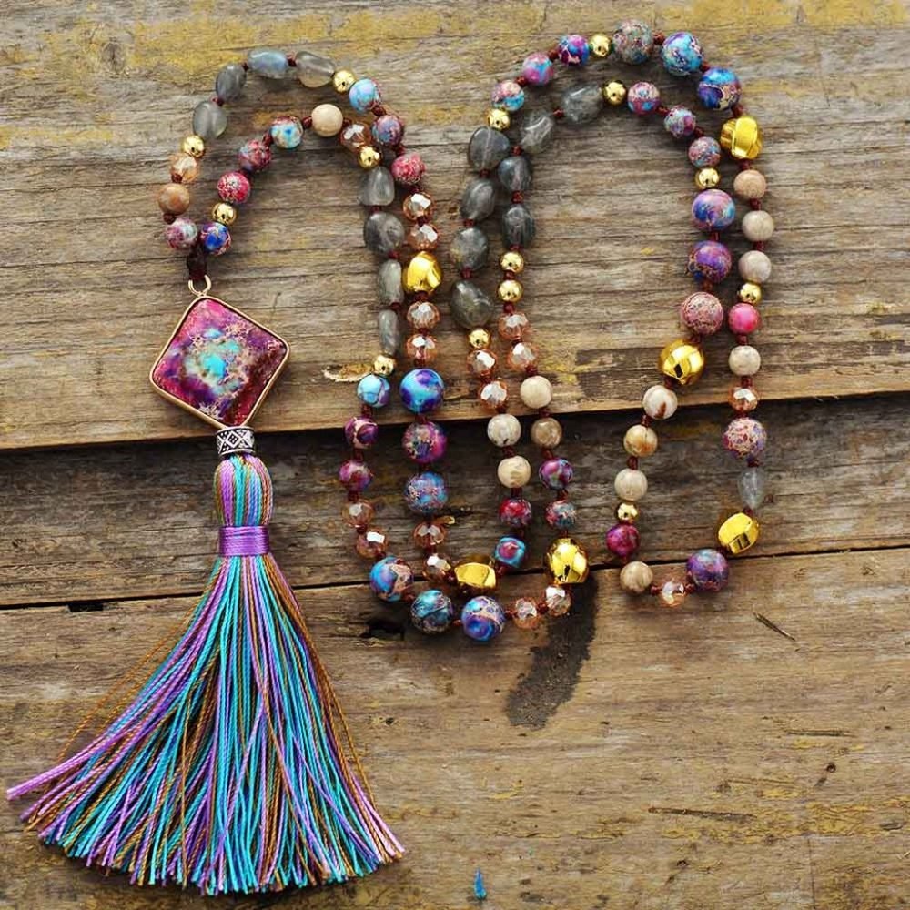 108 Mala Beads Labradorite Sea Sediment Jasper Pendant Tassel Necklace